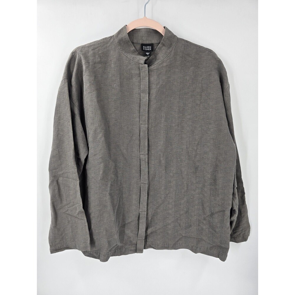 Eileen Fisher Gray Brown Irish Silk & Linen Over-Sized Button Front Shirt Small